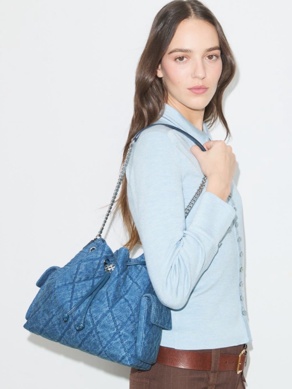 Tory Burch Charlie Quilted Denim Drawstring Shoulder Bag